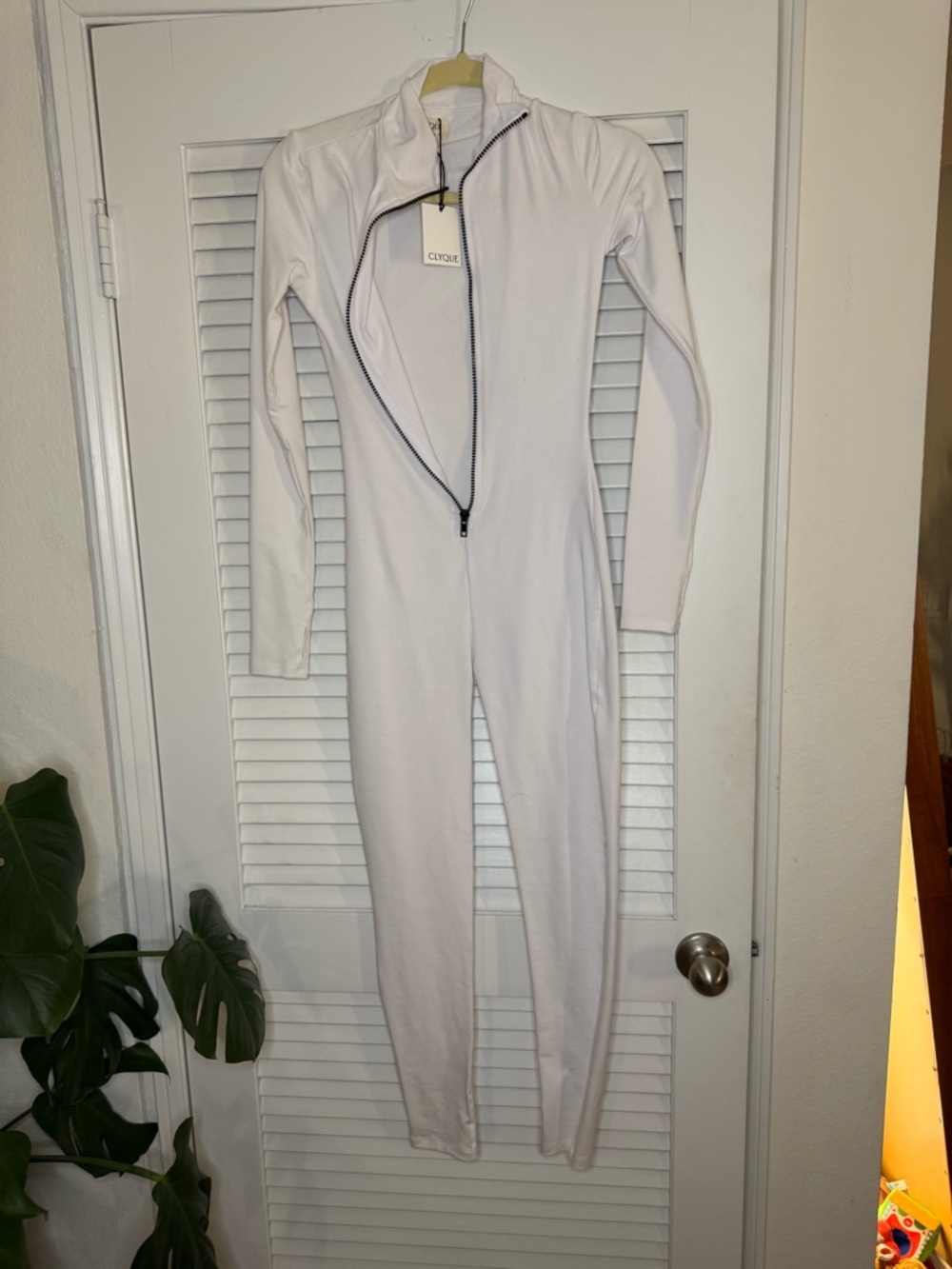 Women's White Long-Sleeve Zip Front Jumpsuit
